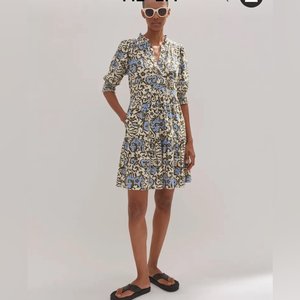 ME+EM Batik Floral Print Short Slub Dress Size 4 Cotton V-Neck Ruffles